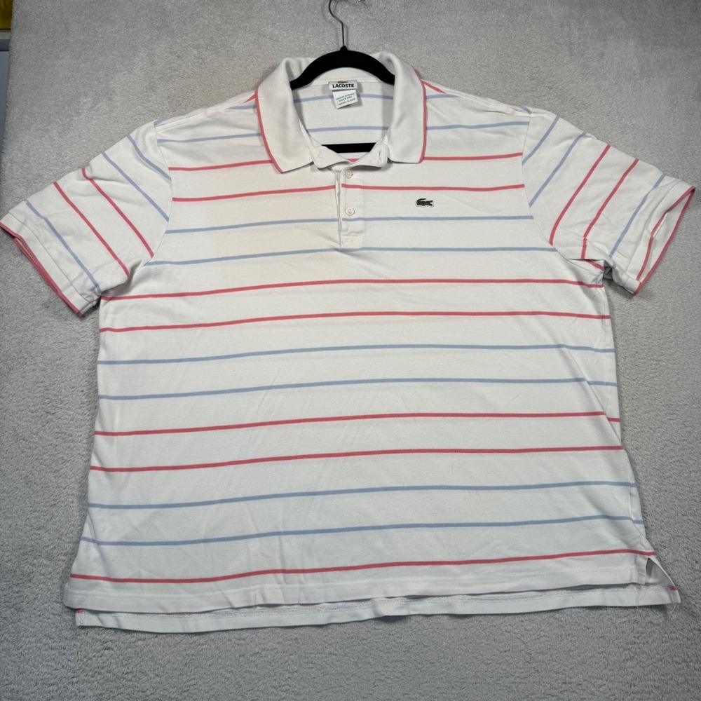 Lacoste Polo Shirt Men Size 9 4XL White Coral Blue Striped Pique Cotton Mesh Y2K